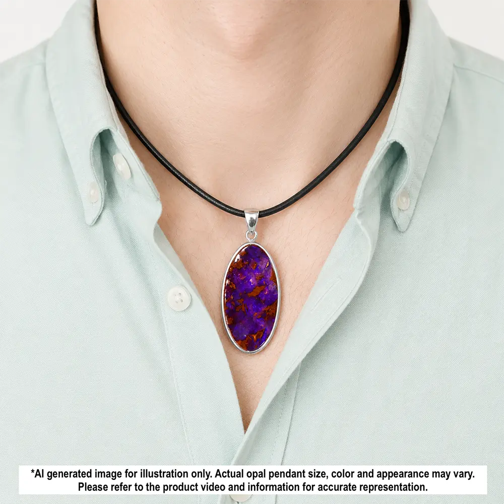 33.6 ct purple boulder opal pendant from Winton Australia shown on a black necklace with natural brown ironstone matrix