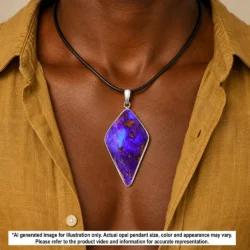 Natural Winton boulder opal pendant shown worn on a black necklace with purple blue color and natural brown matrix