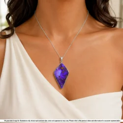Purple and blue Australian boulder opal pendant shown worn on a silver chain with natural matrix and silver setting