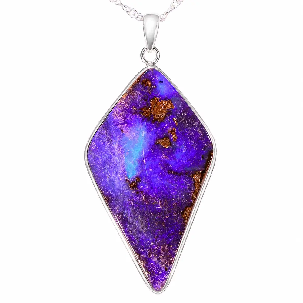 52.7 ct purple blue boulder opal pendant from Winton Australia with natural brown matrix and sterling silver setting