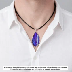 Purple green Australian boulder opal pendant shown worn on a black necklace with large teardrop stone and silver setting