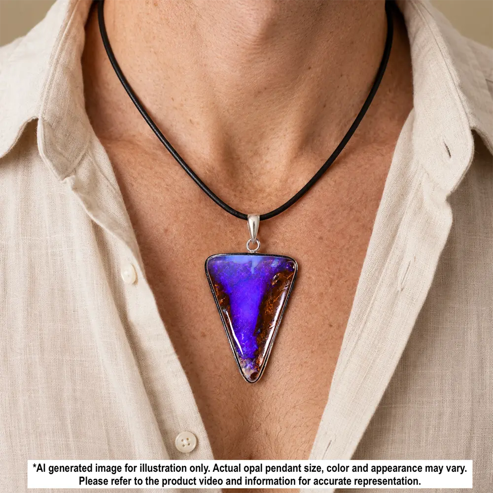 Natural 60.4 ct Winton boulder opal pendant shown worn on a black necklace with rich purple color and brown matrix
