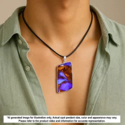 Natural Winton boulder opal pendant shown worn on a black necklace with purple opal and contrasting brown matrix