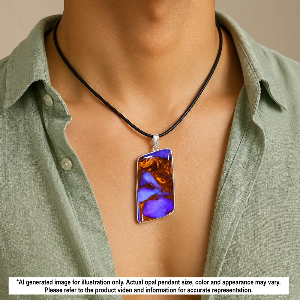 Natural Winton boulder opal pendant shown worn on a black necklace with purple opal and contrasting brown matrix
