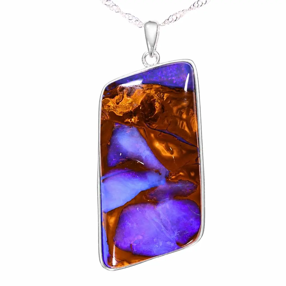 90.5 ct purple boulder opal pendant from Winton Australia with natural brown matrix and sterling silver setting