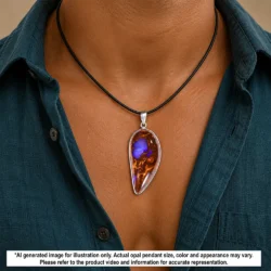 Natural Winton boulder opal fang tooth pendant shown worn on a black necklace with purple opal and brown matrix