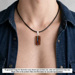 Hand carved Winton boulder opal pendant shown worn on a black necklace with colorful opal seam, natural ironstone matrix and silver setting