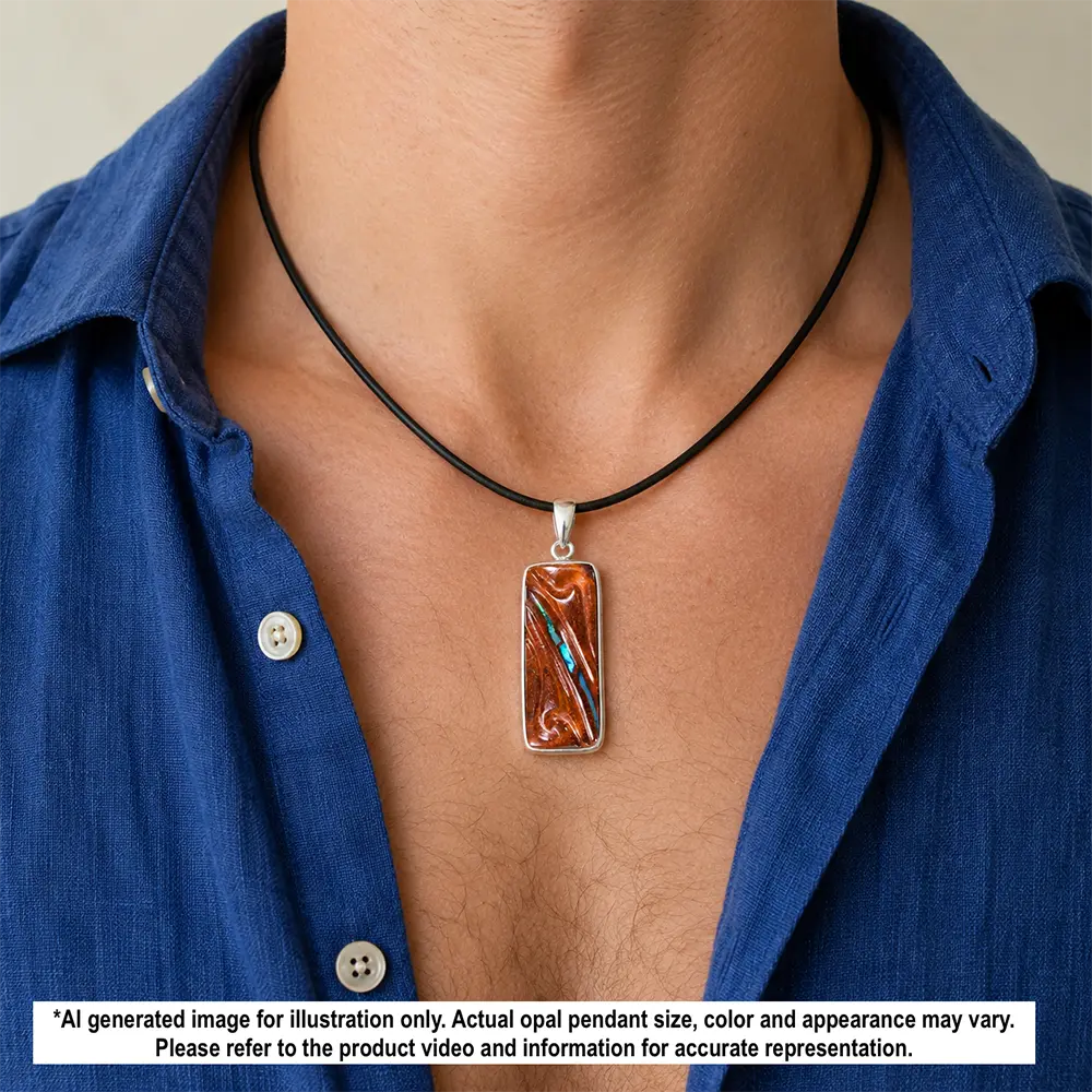 Natural Winton boulder opal pendant shown worn on a black necklace with blue green opal and hand carved brown matrix