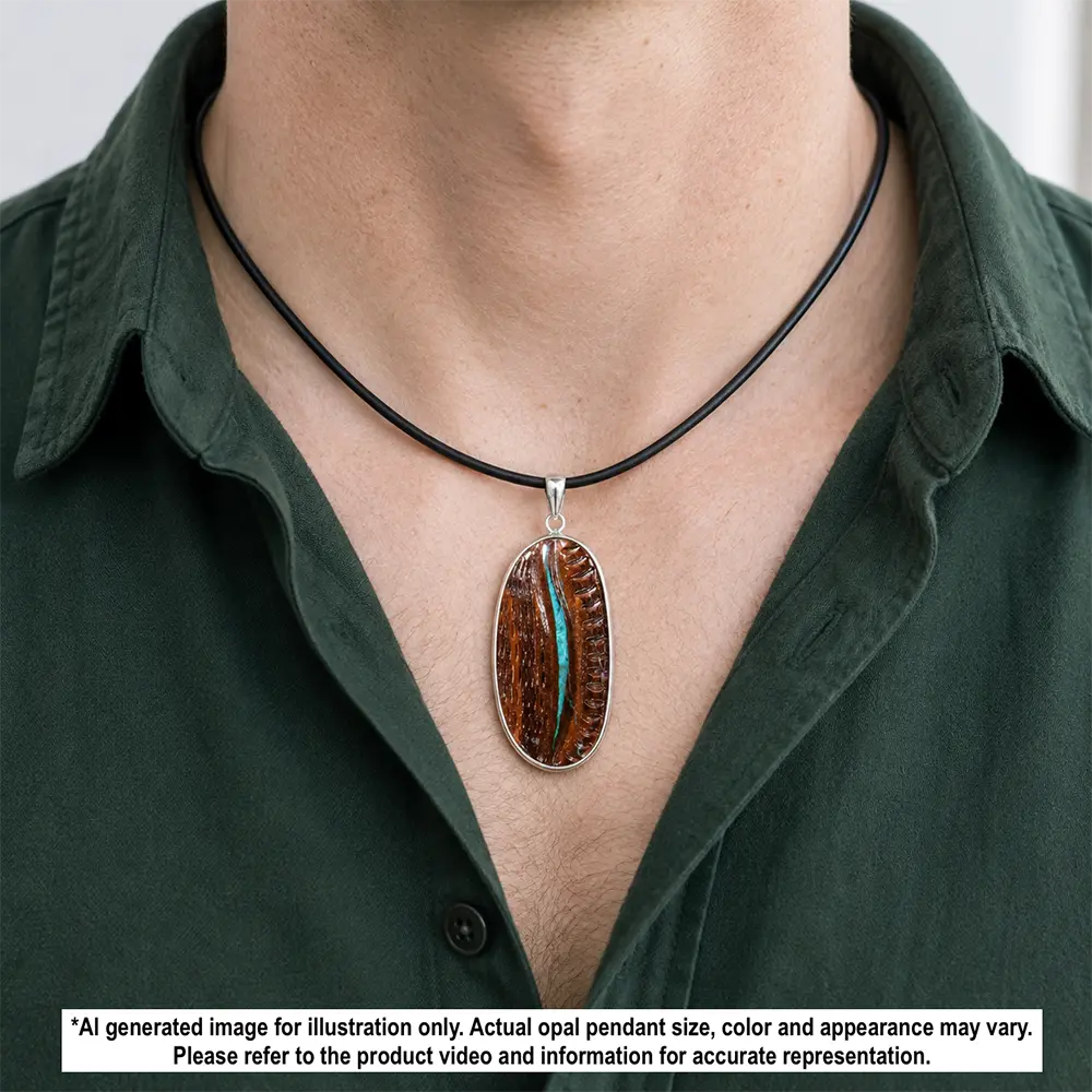 Natural green Australian boulder opal pendant shown worn on a black necklace with oval carved ironstone matrix and sterling silver setting