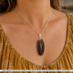 52.8 ct Winton boulder opal pendant shown worn on a silver chain with green opal seam and crocodile skin hand carved matrix