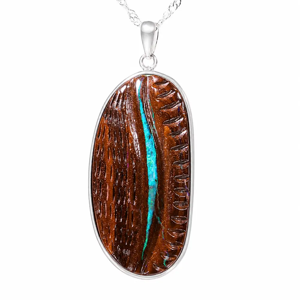 52.8 ct crocodile skin hand carved boulder opal pendant from Winton Australia with green opal seam in natural brown ironstone matrix
