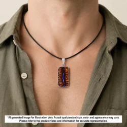 Hand carved Winton boulder opal pendant shown worn on a black necklace with purple blue opal seam and natural brown matrix