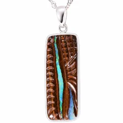 26.4 ct hand carved boulder opal pendant from Winton Australia with green yellow opal seam in natural brown matrix and sterling silver setting