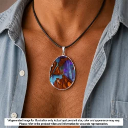 Large 123.8 ct Winton boulder opal pendant shown worn on a black necklace with S925 sterling silver setting