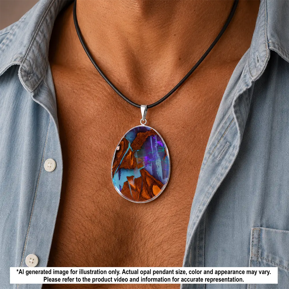 Large 123.8 ct Winton boulder opal pendant shown worn on a black necklace with S925 sterling silver setting