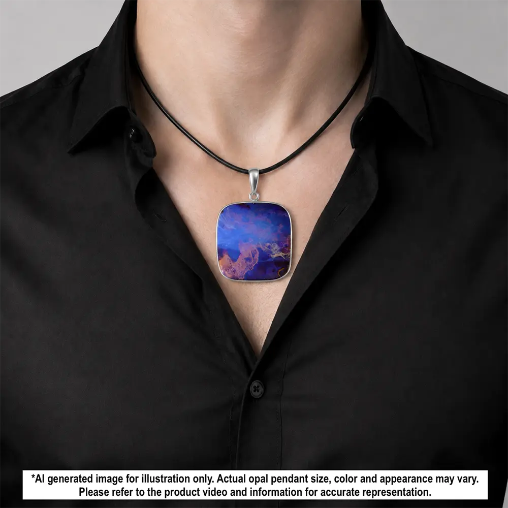 85.3 ct purple picture boulder opal pendant from Winton Australia shown worn on a black necklace