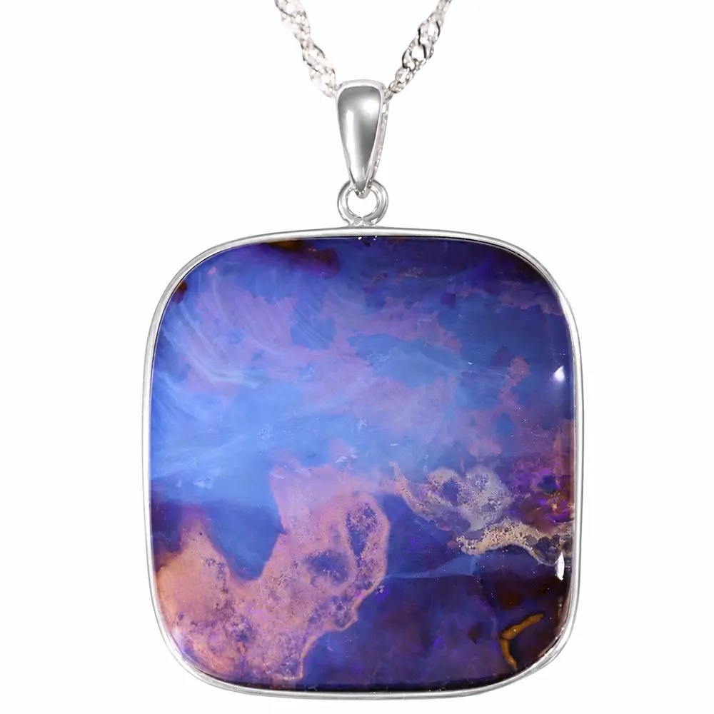 85.3 ct purple picture boulder opal pendant from Winton Australia set in rhodium plated S925 sterling silver