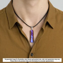 Australian wood fossil boulder opal pendant shown worn on a black necklace with blue and purple natural opal