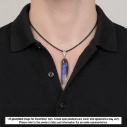 Australian wood fossil boulder opal pendant shown worn on a black necklace with natural purple opal and brown matrix