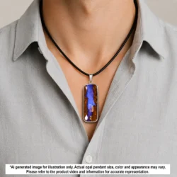 49.5 ct purple boulder opal pendant from Winton Australia with wood fossil matrix shown worn on a black necklace
