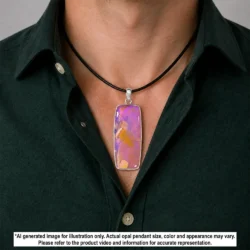 76.4 ct lilac purple and pink crystal boulder opal pendant from Winton Australia shown worn on a black necklace
