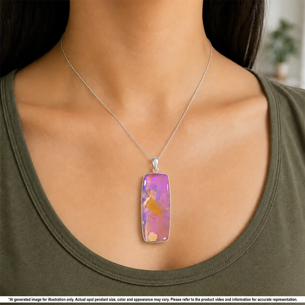 Large Australian crystal boulder opal pendant with purple and pink color shown worn on a silver chain