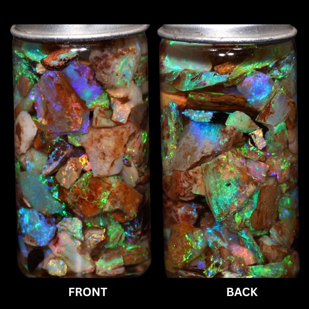 50ct Crystal Boulder Opal chips from Quilpie Australia shown from the front in a display jar with bright green blue and purple color