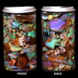 Australian Crystal Boulder Opal chips in jar from Quilpie showing natural green blue purple and multicolor opal