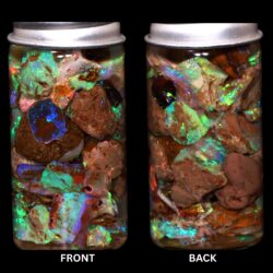Australian Crystal Boulder Opal chips in jar from Quilpie showing natural blue green and rainbow opal color