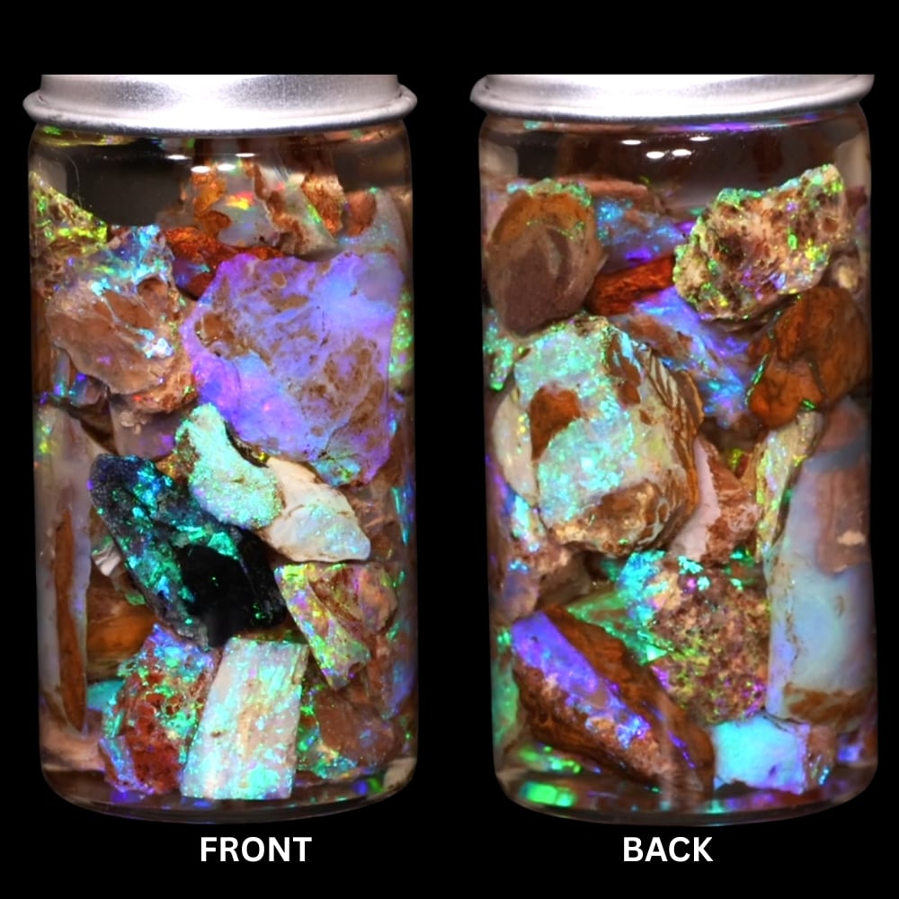 Australian Crystal Boulder Opal chips in jar from Quilpie showing natural bright multicolor opal