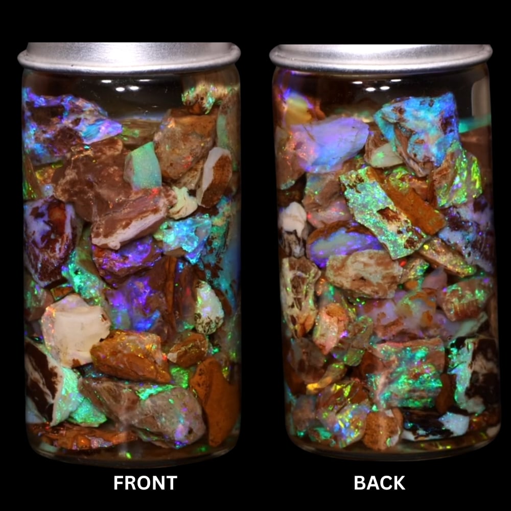Australian Crystal Boulder Opal chips in jar from Quilpie showing natural multicolor opal and Queensland host material