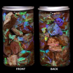Australian Crystal Boulder Opal chips in jar from Quilpie showing natural multicolor opal and Queensland host material
