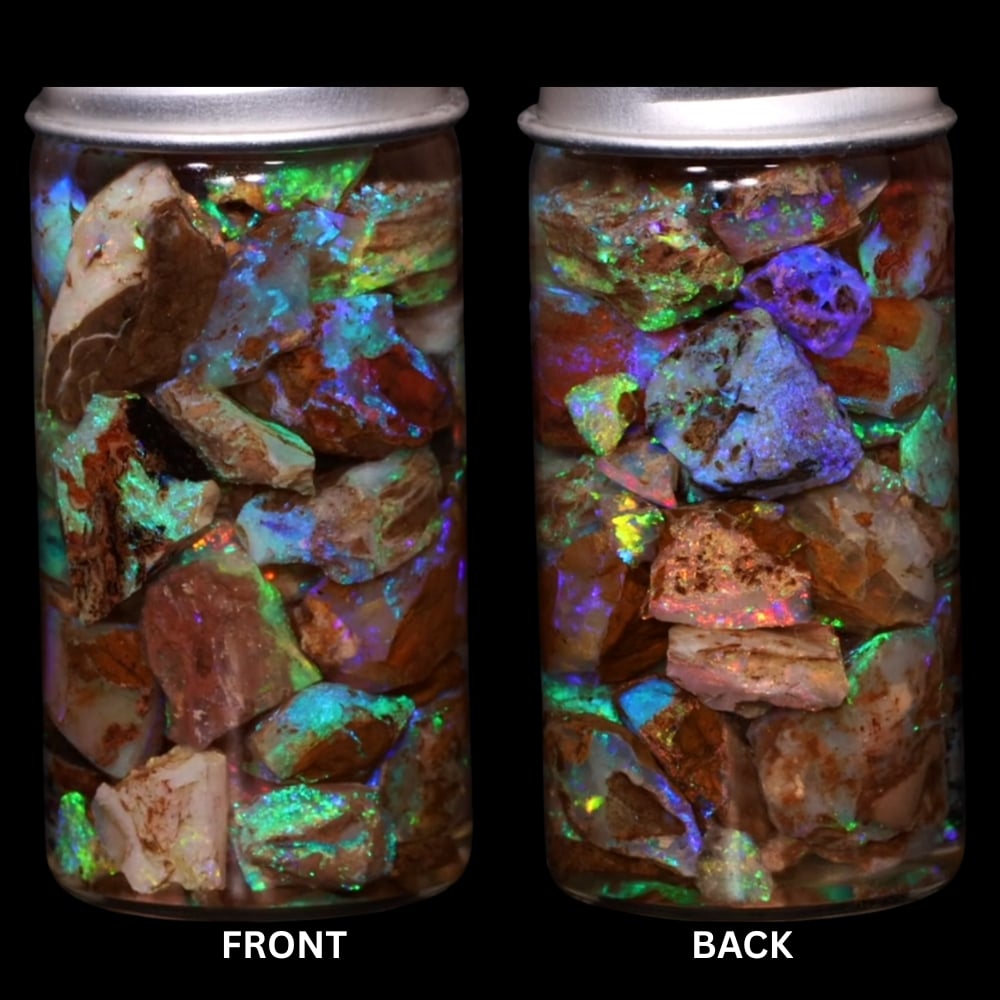 Australian Crystal Boulder Opal chips in jar from Quilpie showing natural multicolor opal and Queensland host material
