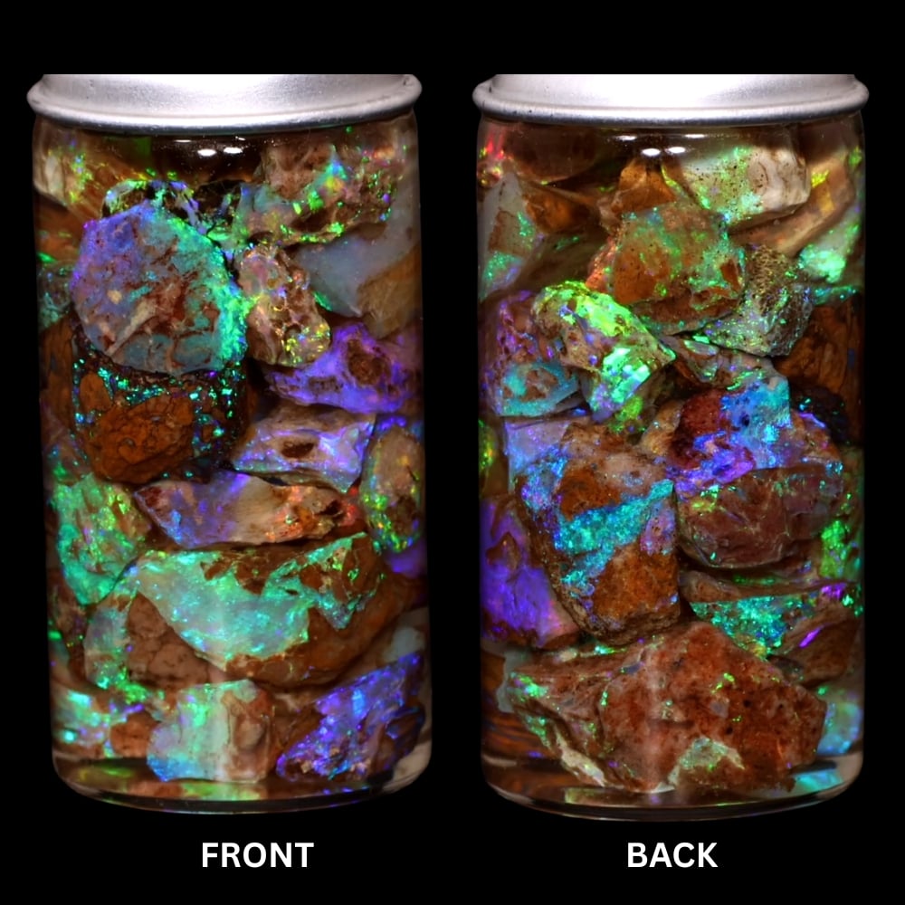 Australian Crystal Boulder Opal chips in jar from Quilpie showing natural bright multicolor opal and Queensland host material