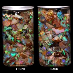 Australian Crystal Boulder Opal chips in jar from Quilpie showing natural multicolor opal and Queensland host material