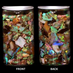 Australian Crystal Boulder Opal chips in jar from Quilpie showing natural bright multicolor opal and Queensland host material