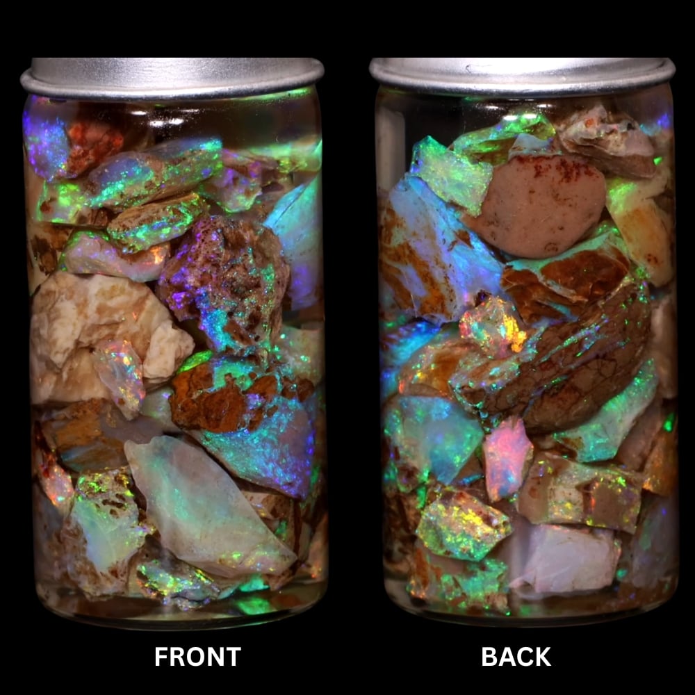 Australian Crystal Boulder Opal chips in jar from Quilpie showing natural host material and soft multicolor crystal opal