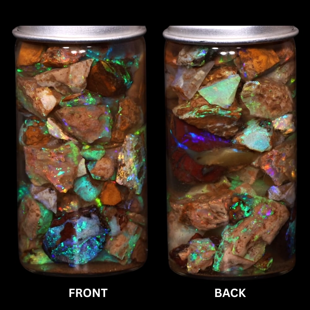 Australian Crystal Boulder Opal chips in jar from Quilpie showing natural matrix and vivid multicolor play of color