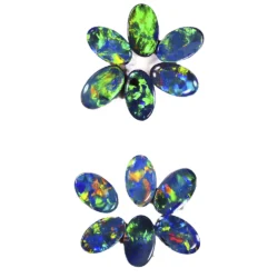 Coober Pedy Australian opal doublet parcel with 12 polished oval gemstones displaying electric blue, green, orange and red flashes.