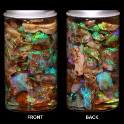 Australian Crystal Boulder Opal chips in jar from Quilpie showing natural aqua green blue and multicolor opal
