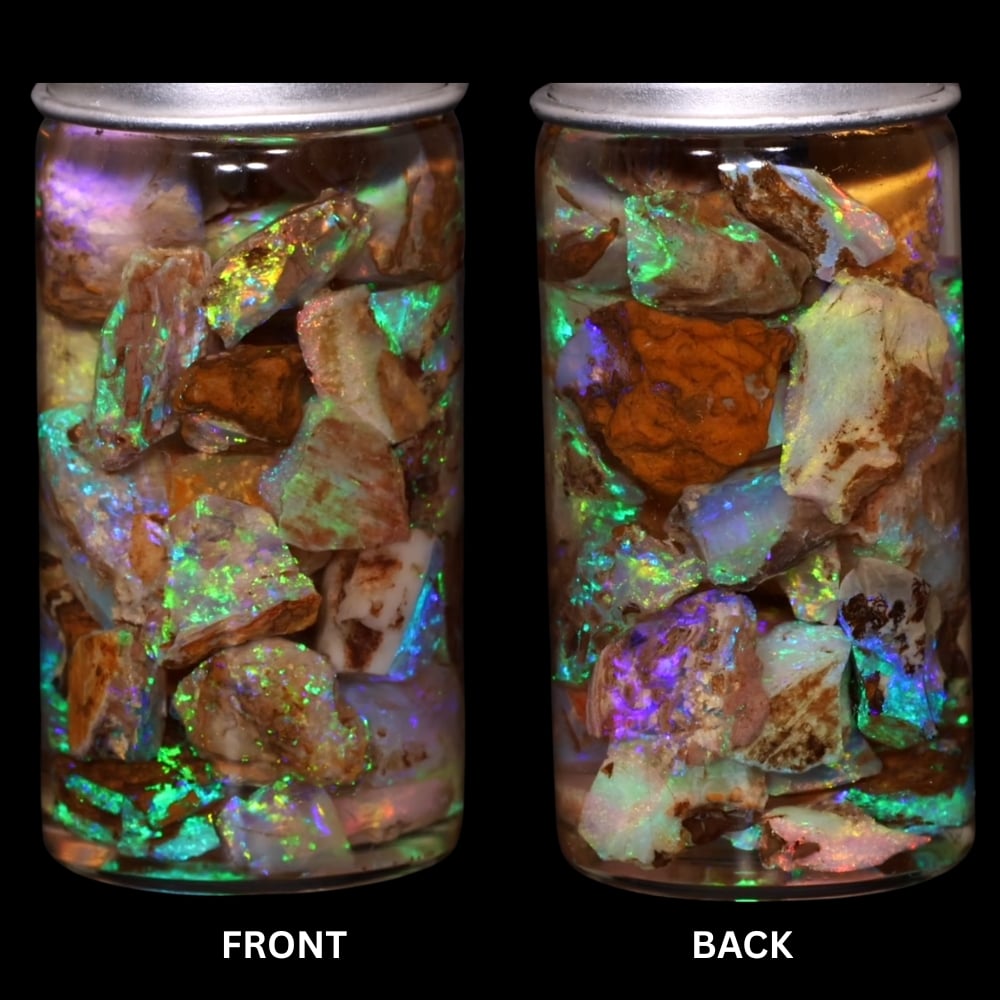 Gem quality pipe Crystal Boulder Opal chips showing bright green purple and rainbow play of color under LED lighting