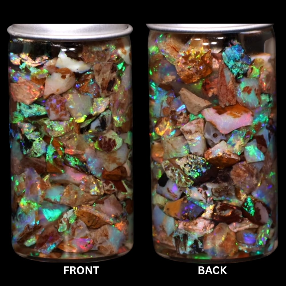 Gem quality pipe Crystal Boulder Opal chips showing rainbow green blue orange and pink play of color under LED lighting