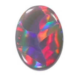 Australian solid dark opal 2.25ct from Lightning Ridge with brilliant pink, red, orange, purple and blue ribbon pattern across a polished oval gemstone.