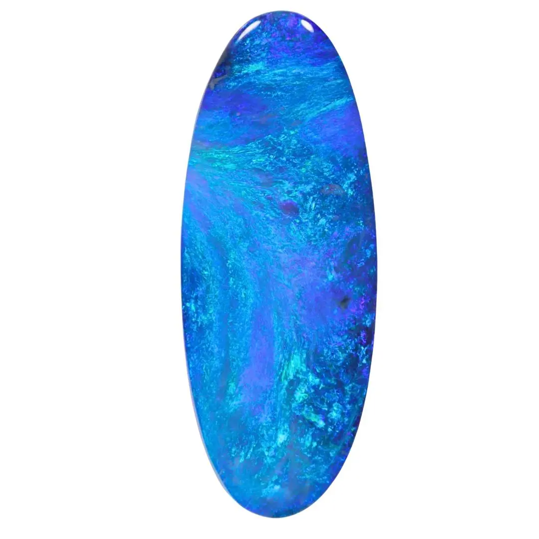 Natural solid black opal 11.76ct from Lightning Ridge with brilliant ocean blue and green flashes across a polished elongated oval gemstone.