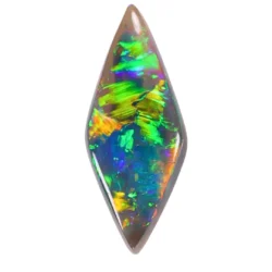 Natural solid dark opal 1.55ct with elongated Delta Cut kite shape showing vibrant green, orange and blue flashes from an alternate viewing angle.