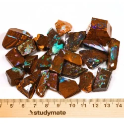 Full parcel of 23 natural Winton Boulder Opal ringstone rubs weighing 89 grams, showing blue, green and purple opal colors within brown ironstone matrix beside a ruler.