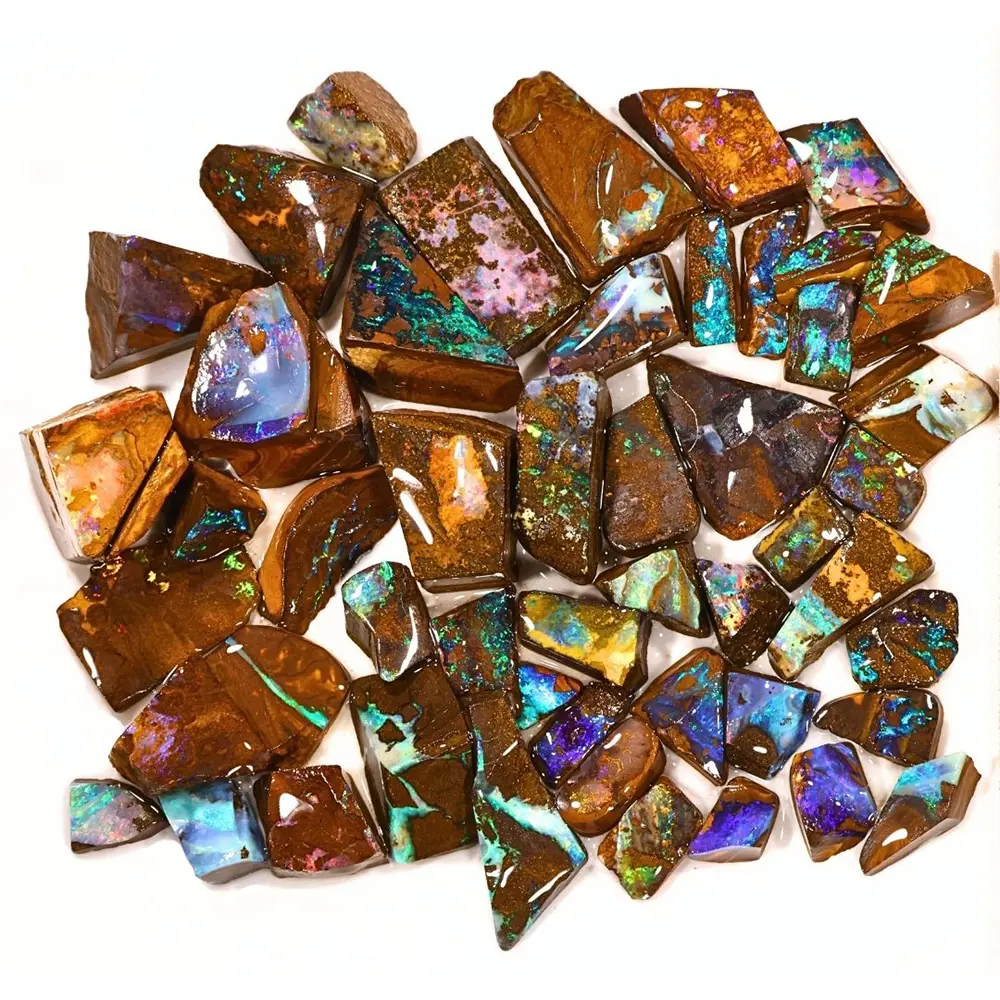 175g Winton Boulder Opal rubs parcel showing 50 natural Australian opal pieces with colorful opal in brown ironstone matrix