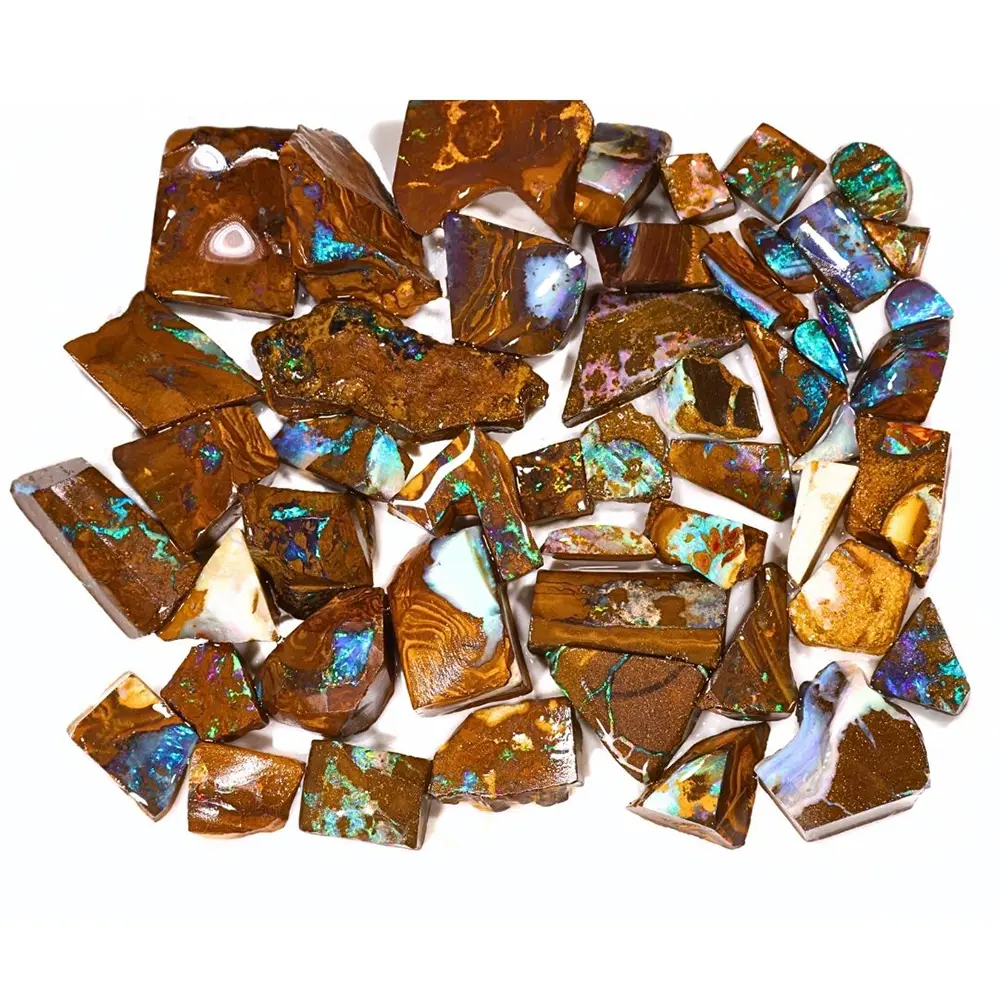 227g Winton Boulder Opal rubs parcel showing 50 natural Australian Boulder Opal pieces with blue green and purple color in ironstone matrix