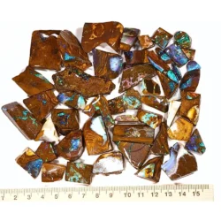 227g Winton Boulder Opal rubs parcel with ruler showing 50 natural Australian opal pieces in colorful ironstone matrix