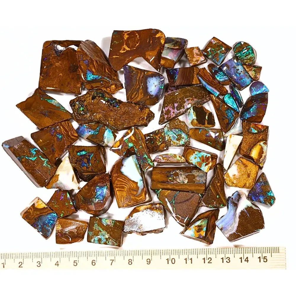 227g Winton Boulder Opal rubs parcel with ruler showing 50 natural Australian opal pieces in colorful ironstone matrix